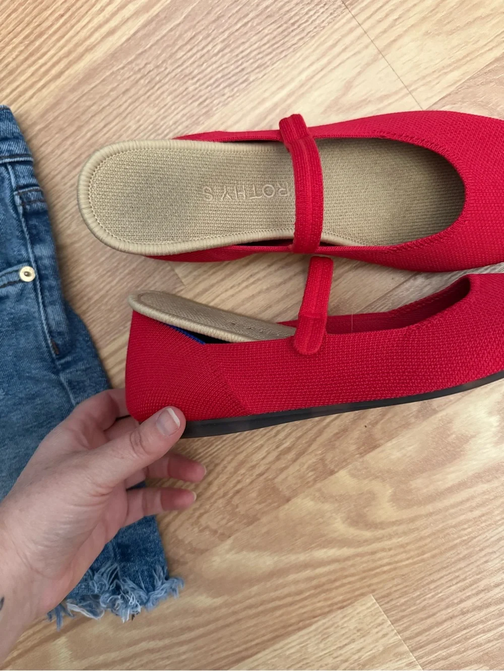 Rothy's Red Mary Jane Flats with Blue Trim